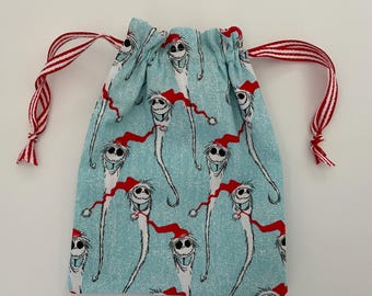 Jack Skellington gift bag, drawstring gift bag, holiday gift pouch, Santa Jack gift pouch, small fabric gift bag, reusable bag