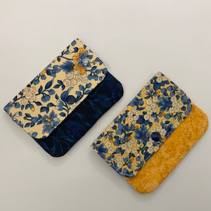 Mini billetera, billetera pequeña con cremallera, billetera de tres bolsillos, tarjetero de identificación, billetera bonita para mujer, billetera de tela, floral azul y amarillo