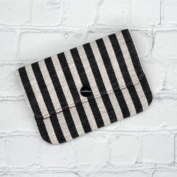 Pretty women's small wallet, canvas fabric in black & grey striped print. Coin, cash and card holder- zipper pocket and snap flap closure