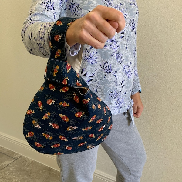 Japanese Knot handbag, beautiful Japanese fabric bag, swimming fishes, minimalist handbag, wrist bag, Asian flair handbag