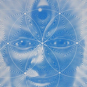 May include: A blue and white geometric pattern with a circular design. The pattern is made up of concentric circles and triangles.