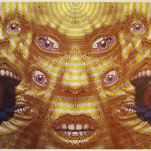 May include: A psychedelic abstract art print with a yellow, orange, and purple color scheme. The print features a symmetrical design with a central face and multiple eyes.