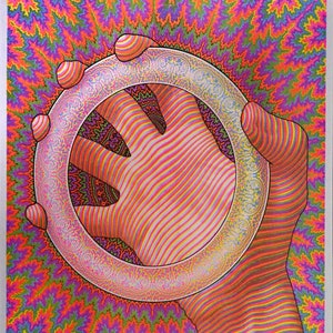 May include: A psychedelic poster with a hand holding a ring. The ring is surrounded by a swirling pattern of colors, including pink, yellow, green, and blue. The background is a similar pattern of colors.