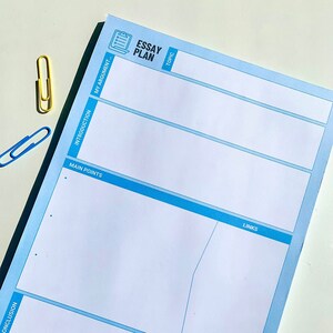 K&ouml;nnte beinhalten: Eine blaue und wei&szlig;e Essay-Planvorlage mit den Worten "Essay Plan" und "Thema" oben. Die Vorlage enth&auml;lt Abschnitte f&uuml;r "Mein Argument", "Einleitung", "Hauptpunkte", "Links" und "Schlussfolgerung".