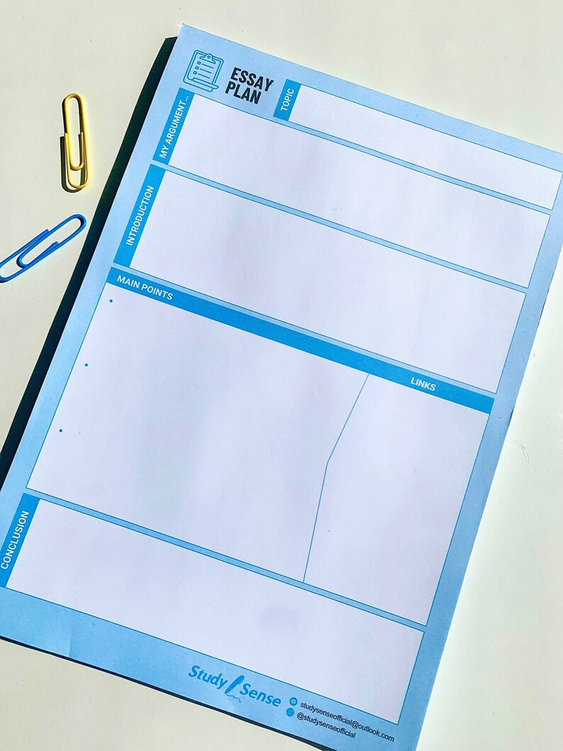 K&ouml;nnte beinhalten: Eine blaue und wei&szlig;e Essay-Planvorlage mit den Worten "Essay Plan" und "Thema" oben. Die Vorlage enth&auml;lt Abschnitte f&uuml;r "Mein Argument", "Einleitung", "Hauptpunkte", "Links" und "Schlussfolgerung".