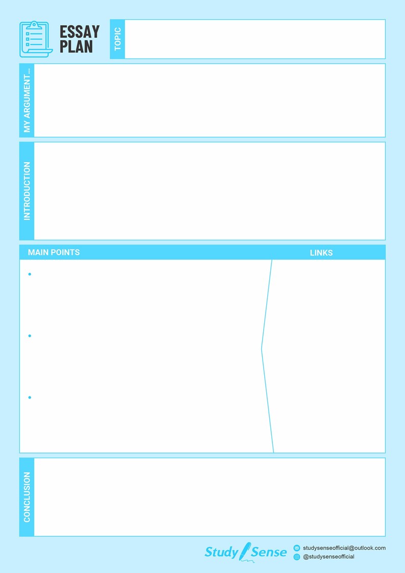K&ouml;nnte beinhalten: Eine blaue und wei&szlig;e druckbare Essay-Planvorlage mit den Worten "Essay-Plan" und "Thema" oben. Die Vorlage enth&auml;lt Abschnitte f&uuml;r "Mein Argument", "Einleitung", "Hauptpunkte", "Links" und "Schlussfolgerung".