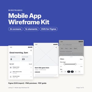 May include: A mobile app wireframe kit featuring 24 screens and 16 elements in SVG format for Figma. The display shows three grayscale interface layouts including a dashboard, a product page, and a search filter menu with price and size options.