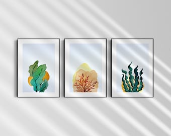 Coral & Seaweed Watercolor Art Prints, Set of 3 (Digital Download)