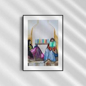 Donne indiane che leggono libri in abbigliamento etnico, Arte non convenzionale, Arte indiana, Arte femminista, Arte etnica, Arte murale ad acquerello, Stampa fisica