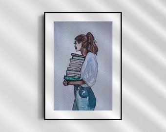Woman reading books art, Book lover art, Girl reading art, Library art, Feminist art, Library decor, Watercolor wall art, Digital download