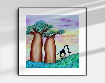 Impresión en acuarela de un baobab con jirafa, arte de Madagascar para el Día de la Madre (descarga digital)
