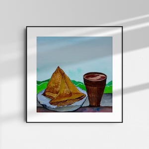 Arte de acuarela de samosa chai nocturno, arte de comida india, tiempo Chai, arte de comida Desi, decoración de cocina, arte de pared de acuarela, descarga digital
