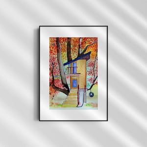Tree house in fall watercolor wall art, Artistic abode, House on a tree wall art, Treehouse wall art, Watercolor wall art, Digital download