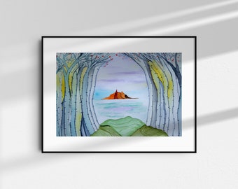 Impressão artística em aquarela de um bulevar de álamos, paisagem montanhosa (download digital)