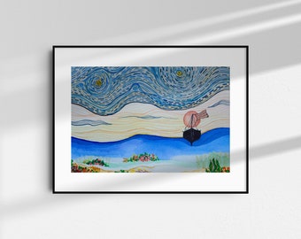 Ship in Van Gogh style sky & coral, Under the sea wall art, Undersea watercolor art, Botanical art, Watercolor wall art, Digital download