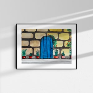 Old blue door watercolor art, Front door art, Brick wall art, Vintage door art, Living room décor, Watercolor wall art, Digital download