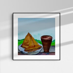 Evening samosa chai watercolor art, Indian food art, Chai time, Desi food art, Kitchen décor, Watercolor wall art, Physical print