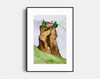 Stampa acquerello del monastero di Meteora, poster di viaggio greco (download digitale)