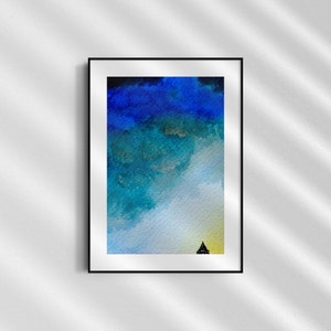 Abstract thunderstorm & clouds watercolor art, House in a storm art, Storm art, Blue wall art, Watercolor wall art, Digital download