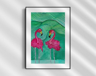 Flamingo Watercolor Art Print, Pink Bird Wall Decor Valentine's gift