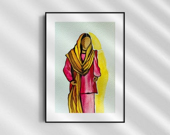 Indian wall art, Indian woman in suit, Punjabi art, Indian ethnic wear, Watercolor wall art, Watercolor print, Digital download