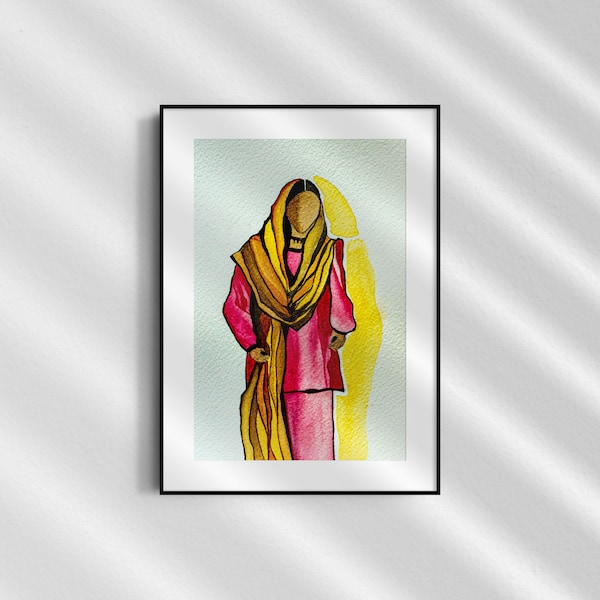 Indian wall art, Indian woman in suit, Punjabi art, Indian ethnic wear, Watercolor wall art, Watercolor print, Digital download