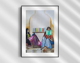 Indian women reading books in ethnic attire, Unconventional art, Indian art, Feminist art, Ethnic art, Watercolor wall art, Digital download