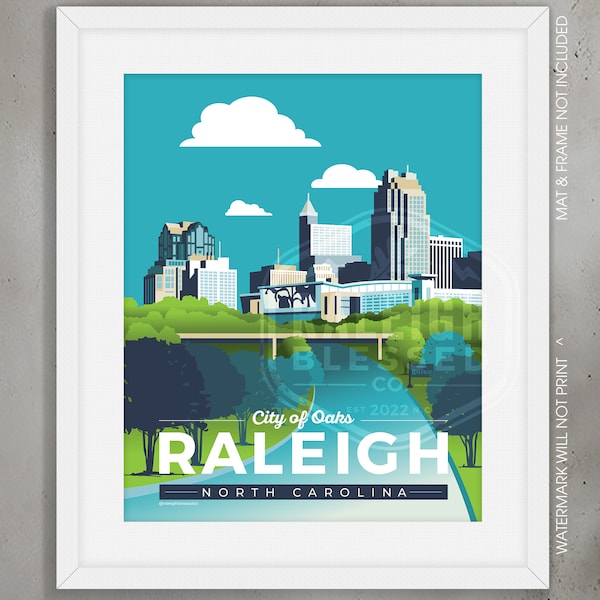 Raleigh Skyline, Blue Green, Raleigh print, Raleigh wall art, Raleigh home decor, Raleigh poster, North Carolina, poster, travel poster