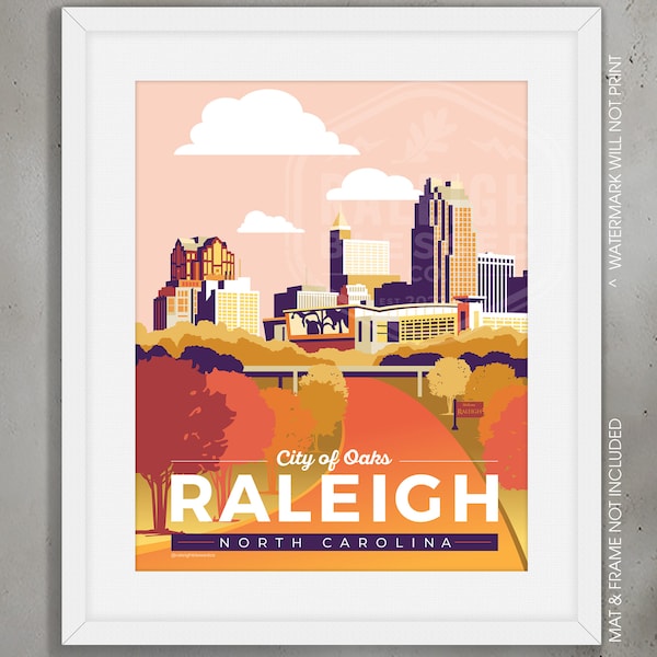 Raleigh Skyline, Peach Sky, Coral, Raleigh print, Raleigh wall art, Raleigh home decor, Raleigh, North Carolina, poster, travel poster