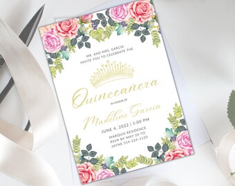 Quinceamaßa Geburtstagseinladung, Mis Quince einladen, Sofort-Download, bearbeitbar, druckbar, 15.Geburtstag, Blumen-Quinceanera-Einladung