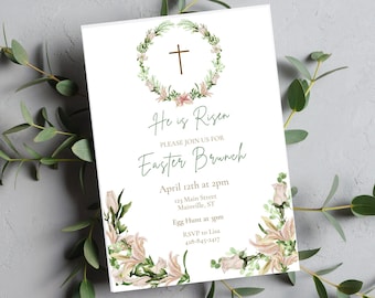 Easter Invitation, Printable Easter Invite Template, He is Risen, Easter Party Invitation, Instant Download, Fully Editable Invite