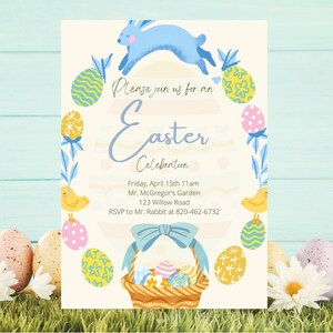May include: An invitation to an Easter celebration featuring a blue bunny, yellow chicks, and colourful eggs. The invitation includes the date, time, location, and contact information for RSVP.