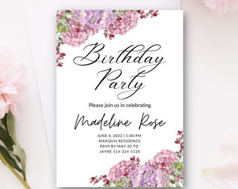 Birthday Party Invite, Birthday Invitation, Pretty Invitation, Floral Invitation, Instant Download, Floral Invitation