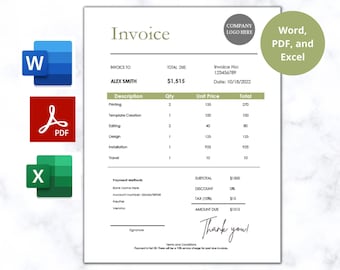 May include: A white invoice with a green header and details, including a total due of $1,515. The document includes a logo placeholder, and icons for Word, PDF, and Excel. The invoice is addressed to Alex Smith.