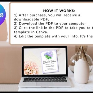 May include: A laptop computer displaying a printable bridal shower invitation template with a watercolor illustration of purple hydrangeas. The text on the invitation reads "Bridal Shower" and "Welcome Bride". The image also shows a pink hydrangea bouquet on the laptop's keyboard.