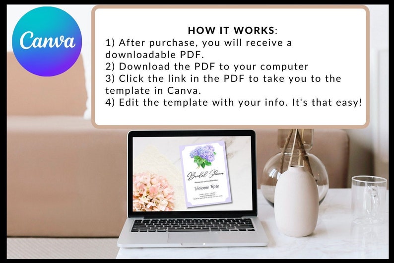 May include: A laptop computer displaying a printable bridal shower invitation template with a watercolor illustration of purple hydrangeas. The text on the invitation reads "Bridal Shower" and "Welcome Bride". The image also shows a pink hydrangea bouquet on the laptop's keyboard.