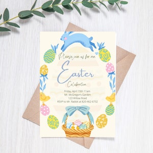 May include: An invitation to an Easter celebration with a blue bunny, yellow chicks, and colorful eggs. The invitation includes the date, time, location, and contact information for RSVP.