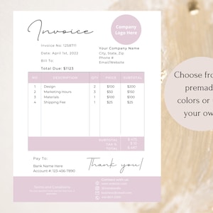 May include: A pink and white invoice with the text "Invoice" at the top. The invoice includes a list of items, quantities, prices, and subtotals. The total due is $1123. The invoice also includes a section for payment information and a thank you message.