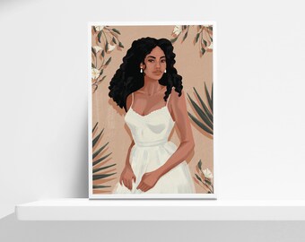 3 Colors Coco Tropical Palm Tree Island Floral Afrolatina Black Woman Indian South Asian Latina Painting Framed Art Canvas Print Belamar