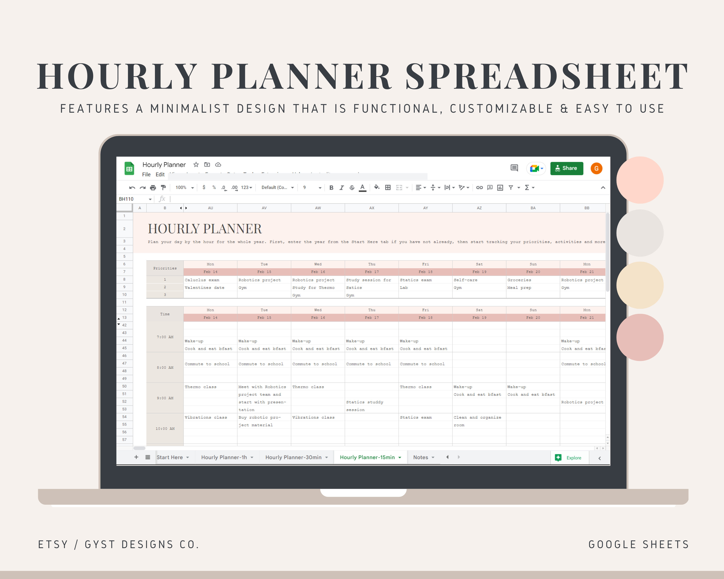 Hourly Planner Spreadsheet 30min Planner 15min Planner Etsy