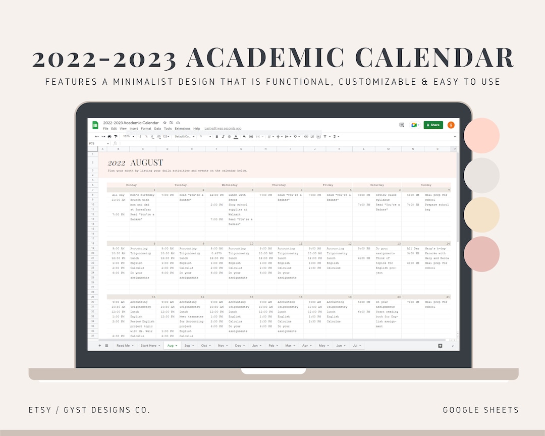 Academic Calendar Planner, Calendar Spreadsheet, Month in a Glance