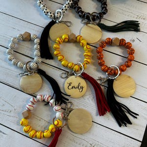 Sports wood beaded tassel keychain wristlet, football, basketball, softball, baseball, soccer, and volleyball, keychain