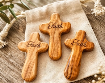 Personalized Olive Wood Pocket Cross, Engraved Faith Devotional Gift