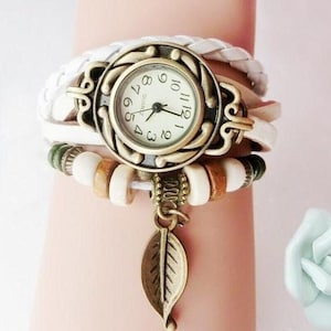 Montre-bracelet bohème en cuir véritable pour femme