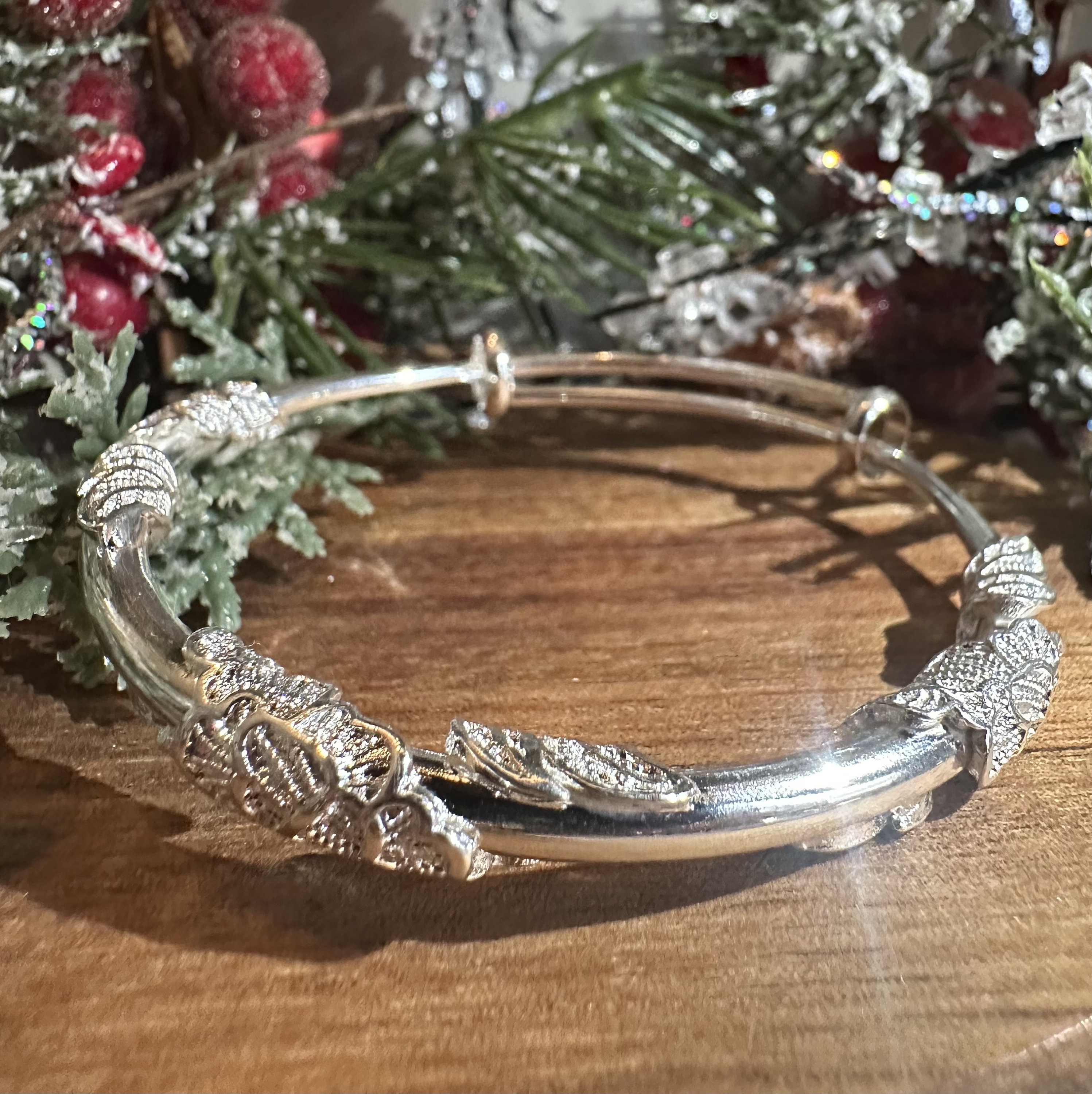 Weihnachtsgeschenk, 925 Sterlingsilber Manschette verstellbar Damen Armband mit Verpackung Blatt Design perfekt für Weihnachten