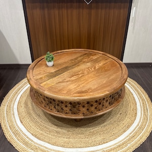 Wood carved coffee table wood center table Round mango wood coffee table