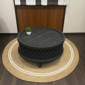 Hand-Carved Mango Wood Coffee Table: Round Lattice Design image 10
