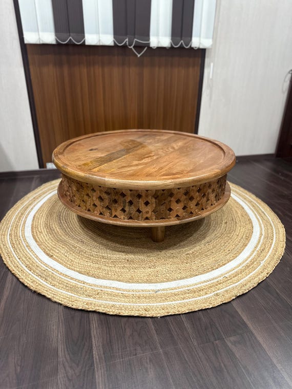 Hand-Carved Mango Wood Coffee Table: Round Lattice Design