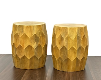Mango wood drum-shaped side table geometric carved pattern