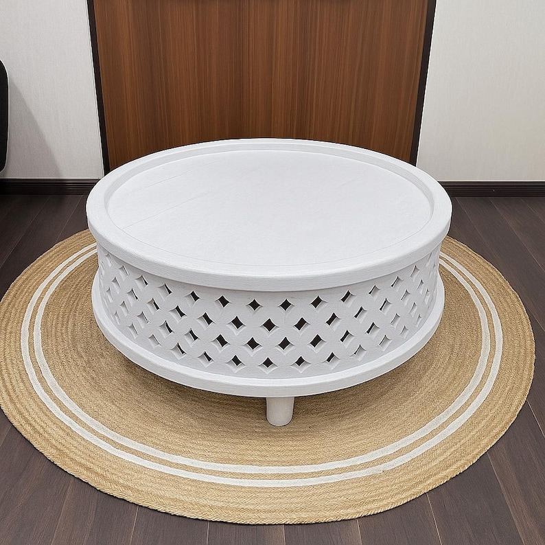 Hand-Carved Mango Wood Coffee Table: Round Lattice Design image 3